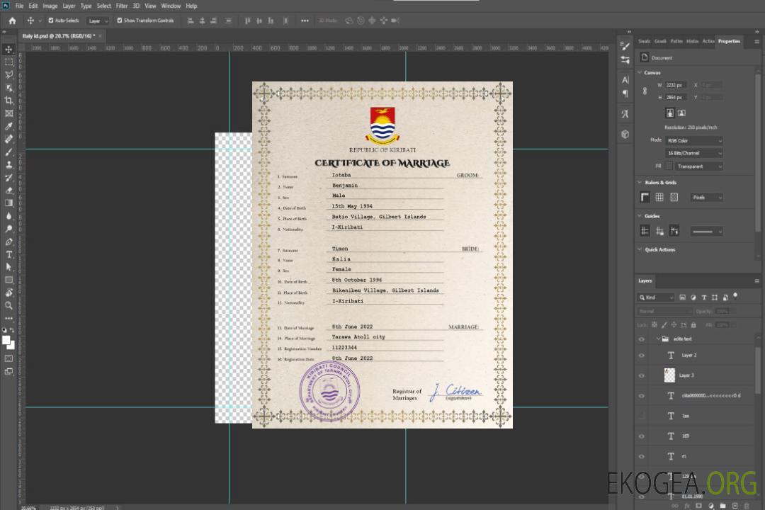 Modèle PSD de certificat de mariage de Kiribati template